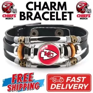KC Chiefs Black Leather Adjustable Bracelet