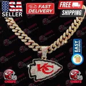 🏆✨ KC CHIEFS GOLD GEM BLING NECKLACE 🏈 SPARKLING PENDANT + 20” ICED LINK CHAIN
