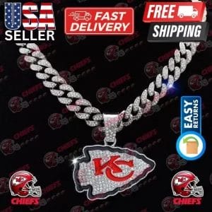 🏆✨ KC CHIEFS SILVER GEM BLING NECKLACE SPARKLING PENDANT + 20” ICED LINK CHAIN